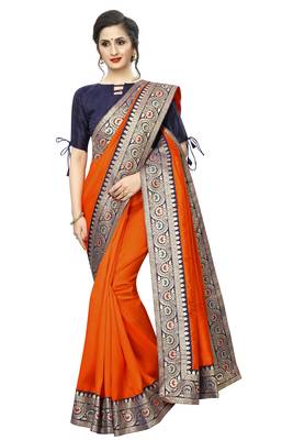 Orange plain art silk saree with blouse 2
