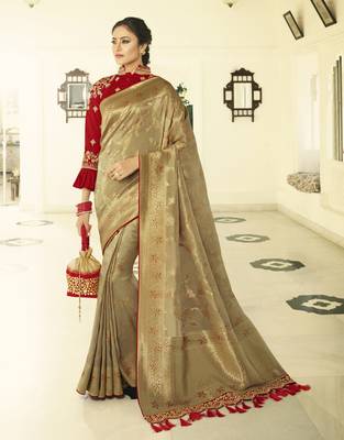Golden Embroidered Banarasi Silk Saree With Blouse 1