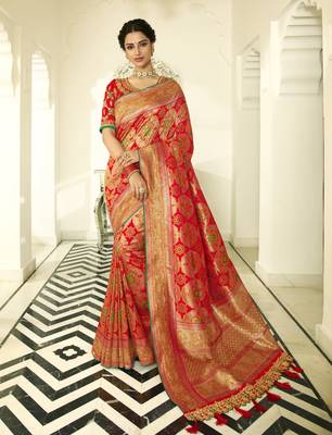 Orange Embroidered Banarasi Silk Saree With Blouse 1