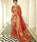 Orange Embroidered Banarasi Silk Saree With Blouse