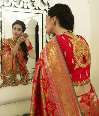 Orange Embroidered Banarasi Silk Saree With Blouse 2
