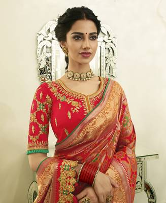 Orange Embroidered Banarasi Silk Saree With Blouse 3