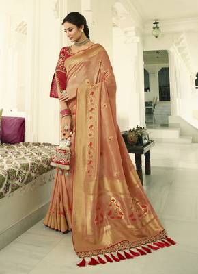 Peach Embroidered Banarasi Silk Saree With Blouse 1