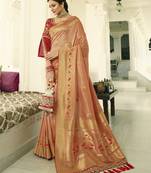 Peach Embroidered Banarasi Silk Saree With Blouse