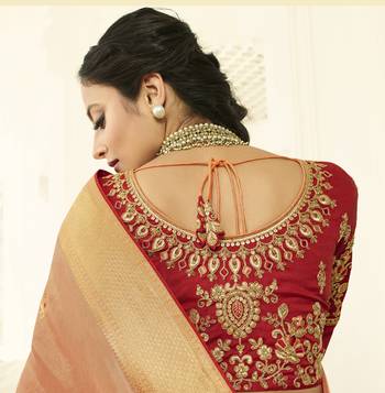 Peach Embroidered Banarasi Silk Saree With Blouse 2