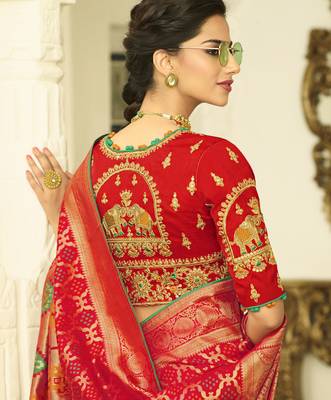 Red Embroidered Banarasi Silk Saree With Blouse 2