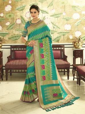Turquoise Embroidered Banarasi Silk Saree With Blouse 1