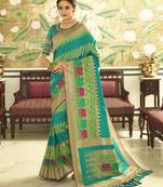 Turquoise Embroidered Banarasi Silk Saree With Blouse