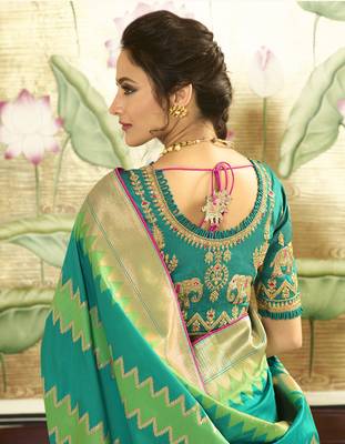 Turquoise Embroidered Banarasi Silk Saree With Blouse 2