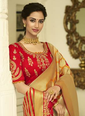 Mustard Embroidered Banarasi Silk Saree With Blouse 3