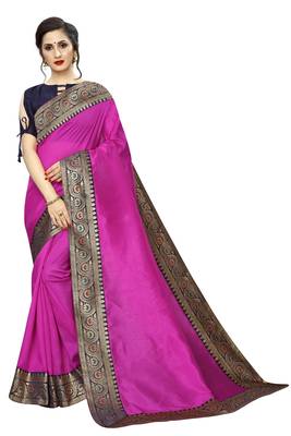 Pink plain art silk saree with blouse 1