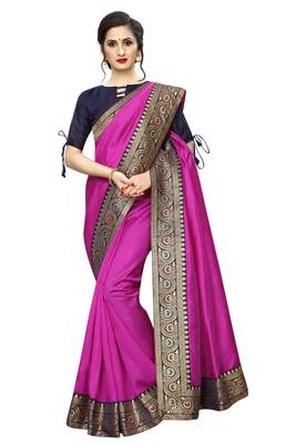 Pink plain art silk saree with blouse 2