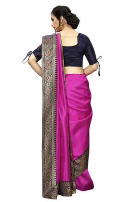 Pink plain art silk saree with blouse 3