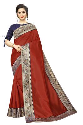 Red plain art silk saree with blouse 1