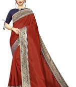 Red plain art silk saree with blouse