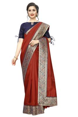 Red plain art silk saree with blouse 2
