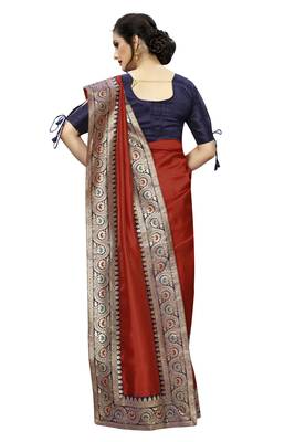 Red plain art silk saree with blouse 3
