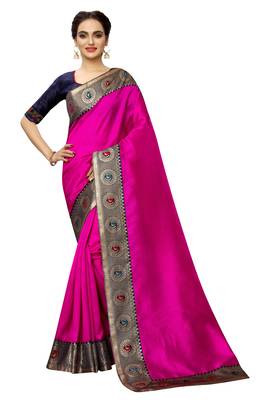 Pink plain art silk saree with blouse 1