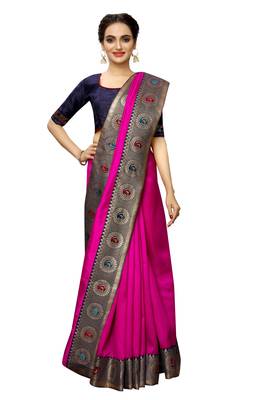 Pink plain art silk saree with blouse 2