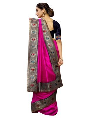 Pink plain art silk saree with blouse 3