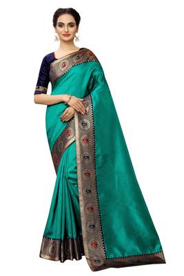 Turquoise plain art silk saree with blouse 1