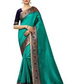 Turquoise plain art silk saree with blouse