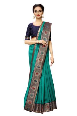 Turquoise plain art silk saree with blouse 2