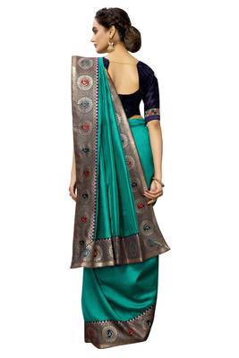 Turquoise plain art silk saree with blouse 3