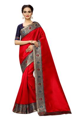 Red plain art silk saree with blouse 1