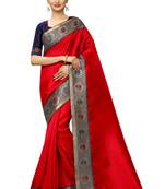 Red plain art silk saree with blouse