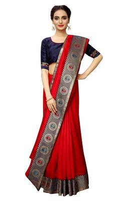 Red plain art silk saree with blouse 2