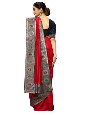 Red plain art silk saree with blouse 3