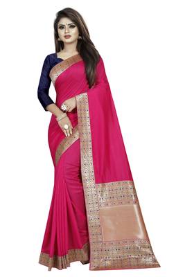 Pink woven art silk saree with blouse 1