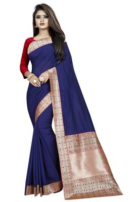 Navy blue woven art silk saree with blouse 1