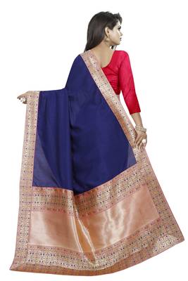 Navy blue woven art silk saree with blouse 4