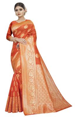 Orange woven banarasi silk saree with blouse 1