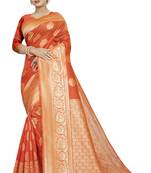 Orange woven banarasi silk saree with blouse