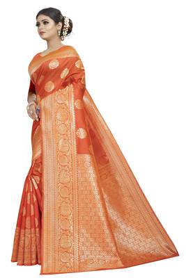 Orange woven banarasi silk saree with blouse 2
