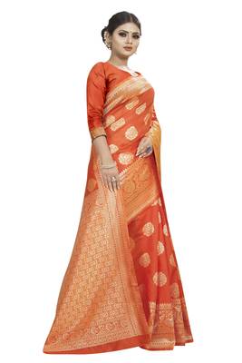 Orange woven banarasi silk saree with blouse 3