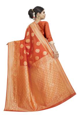 Orange woven banarasi silk saree with blouse 4