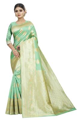 Green woven banarasi silk saree with blouse 1
