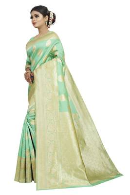 Green woven banarasi silk saree with blouse 2