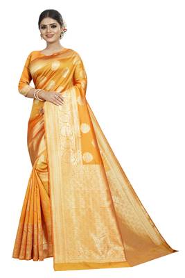 Yellow woven banarasi silk saree with blouse 1