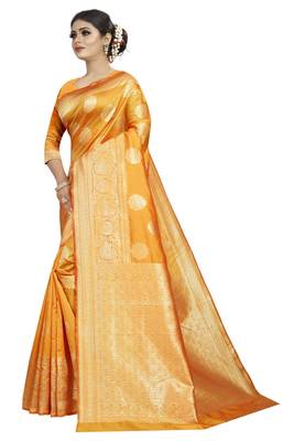 Yellow woven banarasi silk saree with blouse 2