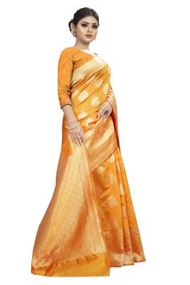 Yellow woven banarasi silk saree with blouse 3
