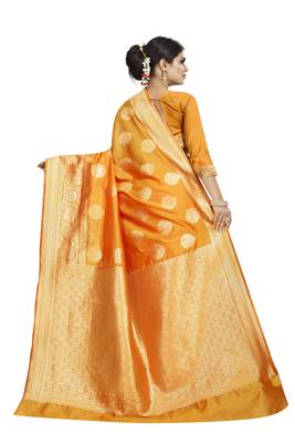 Yellow woven banarasi silk saree with blouse 4