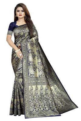 Navy blue woven banarasi silk saree with blouse 1