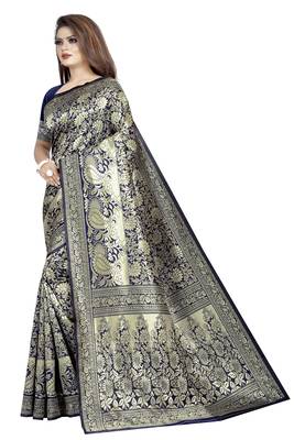 Navy blue woven banarasi silk saree with blouse 2