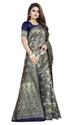 Navy blue woven banarasi silk saree with blouse 3