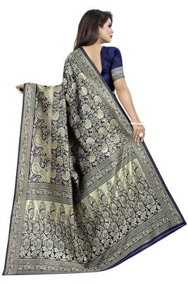 Navy blue woven banarasi silk saree with blouse 4